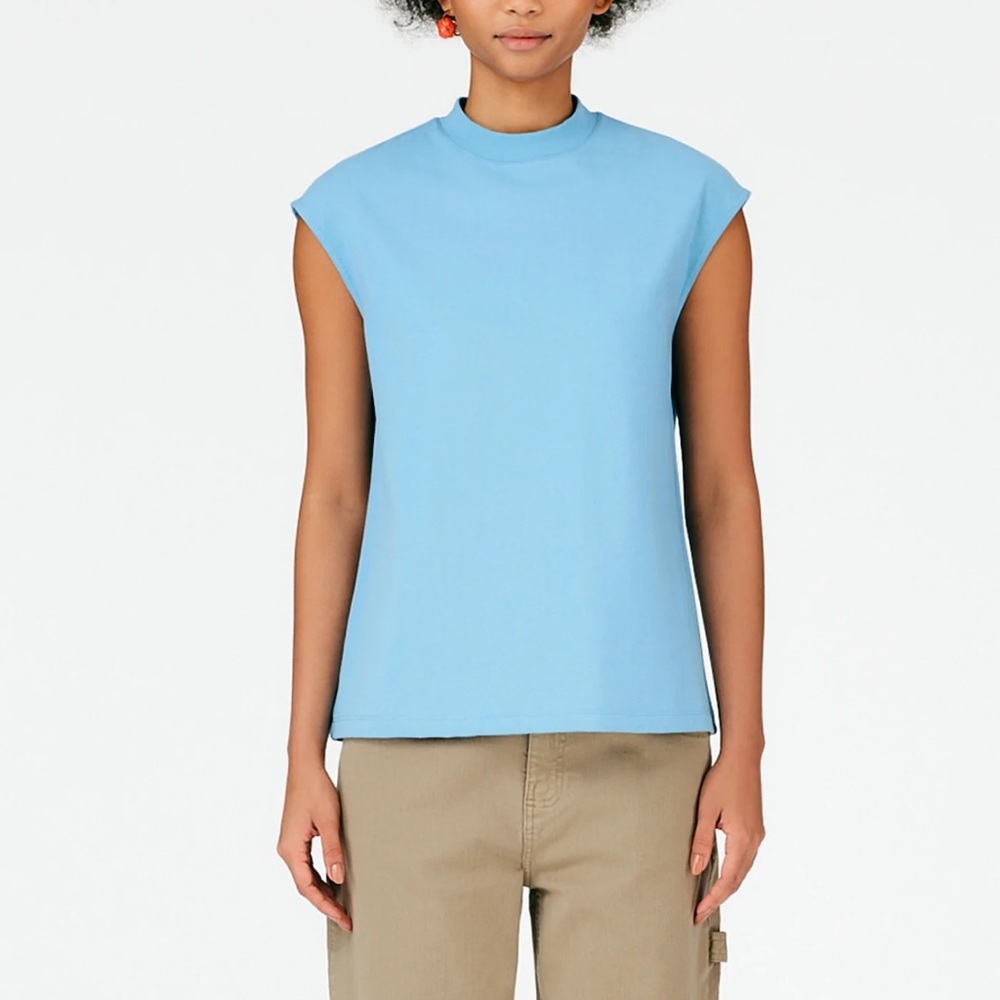 Tibi Punto Milano Mockneck T-Shirt in Aquamarine Blue XS